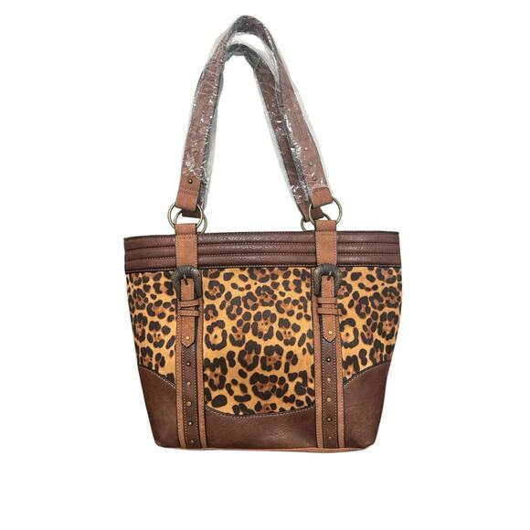 NWT! Justin Cheetah Animal Print Concealed Carry with Brown Trim Tote - Picture 4 of 12